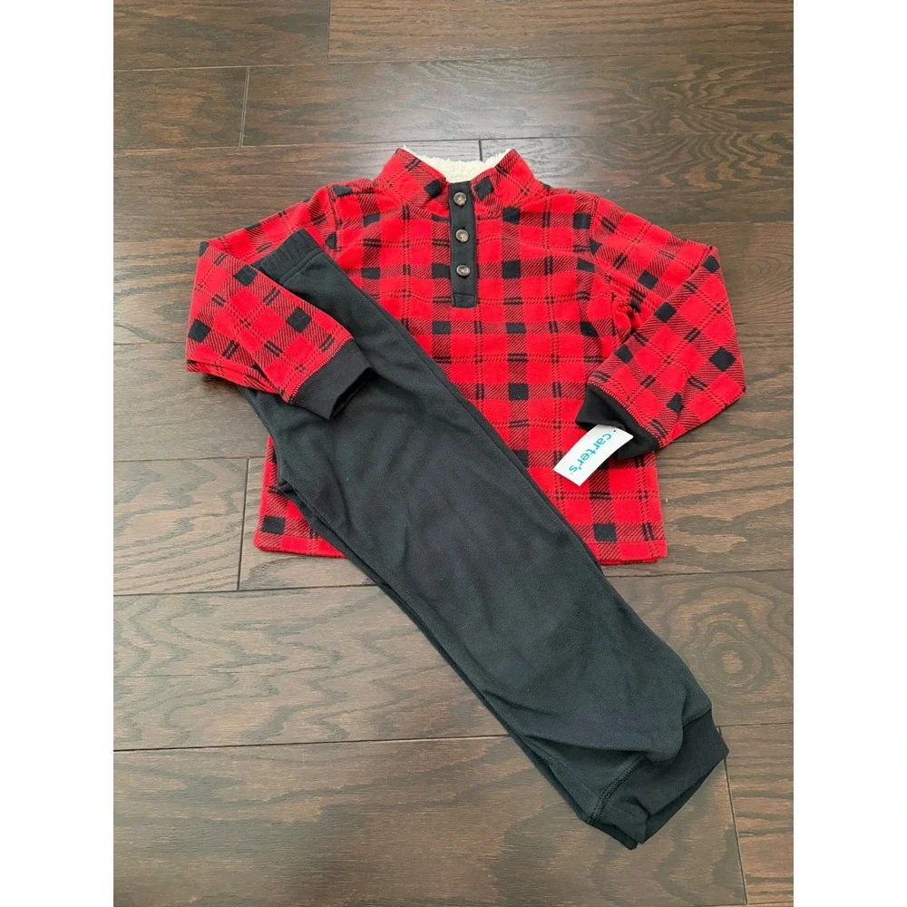 Carters Kids 5T Red Black Buffalo Plaid Fleece Pullover and Pants Set 2N949710